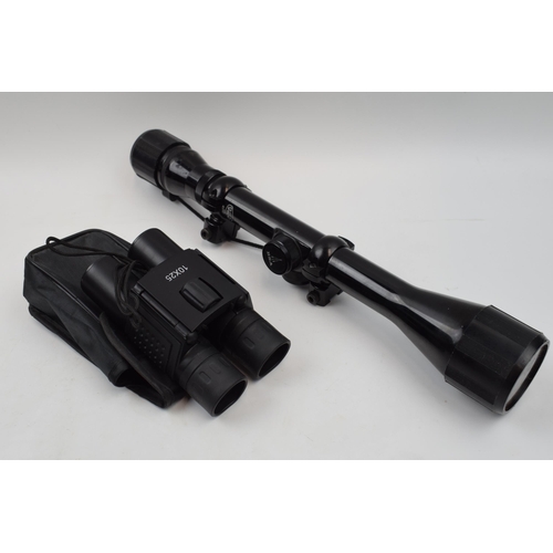 383 - BSA 4 x 40 scope and mounts, complete with lens covers and a cased pair of 10 x 25 compact Virgin Ba... 