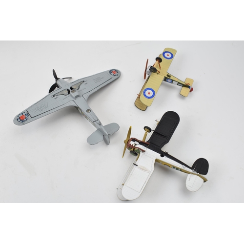 399 - Three model die cast model war planes. Dinky Hawker Hurricane, Corgi Gladiator, Egypt 1940 and a Sop... 