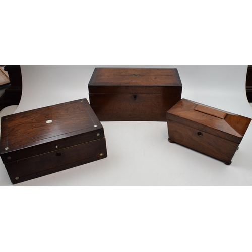 404 - A collection of three antique wooden items to include Georgian tea caddy and Victorian writing slope... 