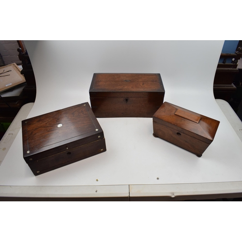 404 - A collection of three antique wooden items to include Georgian tea caddy and Victorian writing slope... 