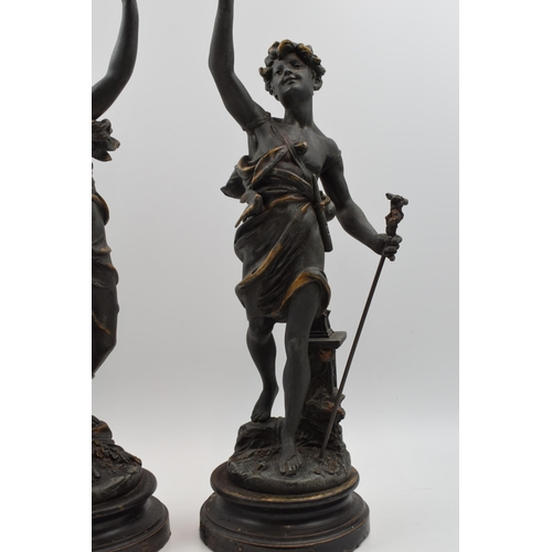 406 - A pair of spelter figures in classical poses. Height 46cm.