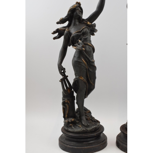 406 - A pair of spelter figures in classical poses. Height 46cm.