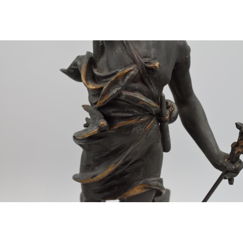 406 - A pair of spelter figures in classical poses. Height 46cm.