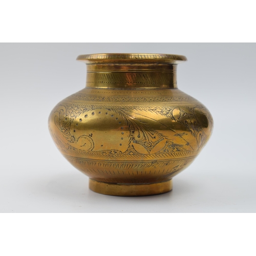 416 - Indian brass bulbous vase with engraved traditional decoration, heavy, 11cm diameter.