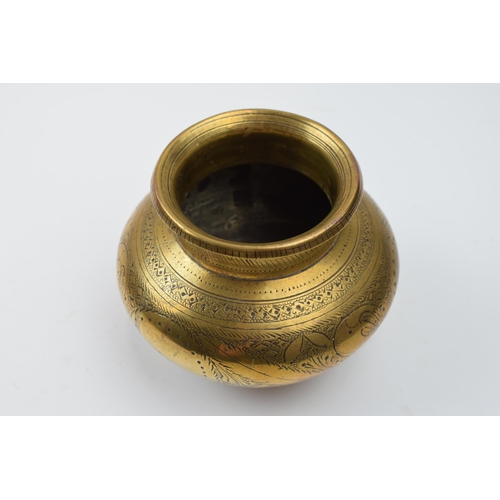 416 - Indian brass bulbous vase with engraved traditional decoration, heavy, 11cm diameter.