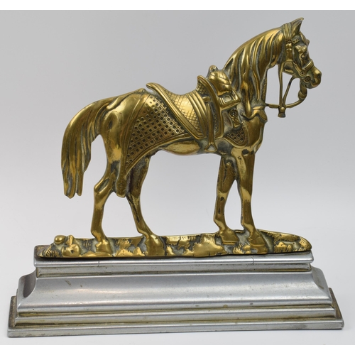 419 - Antique cast brass and metal doorstop in the form of a horse wearing tack, 24.5cm wide.