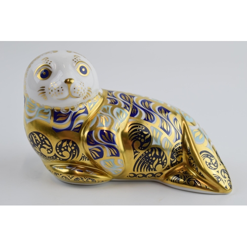 22A - Royal Crown Derby paperweight in the form of a Harbour Seal, first quality with gold stopper.