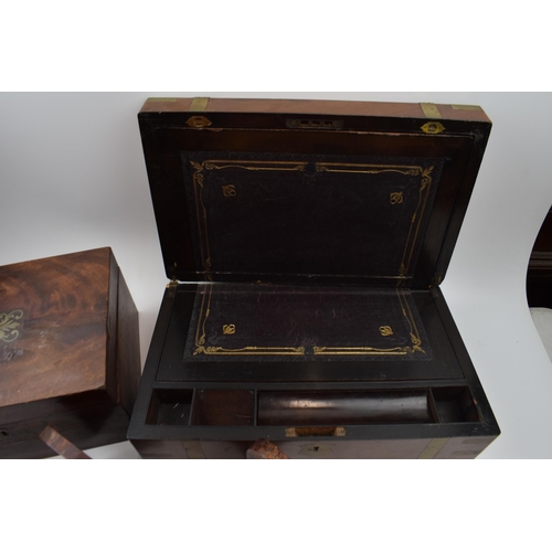 413 - Victorian brass bound writing slope with fitted interior (hinge af), together with an inlaid box and... 