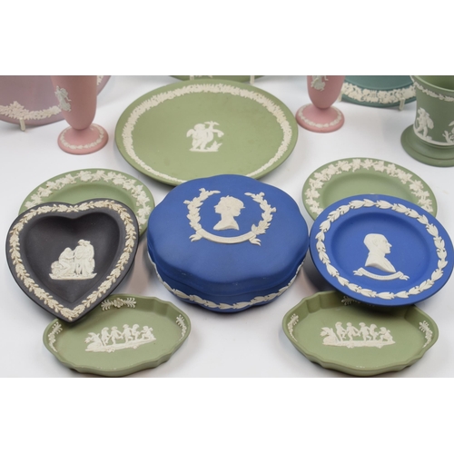 192F - Wedgwood Jasperware in varying colours to include pink, teal, lilac, black and others.