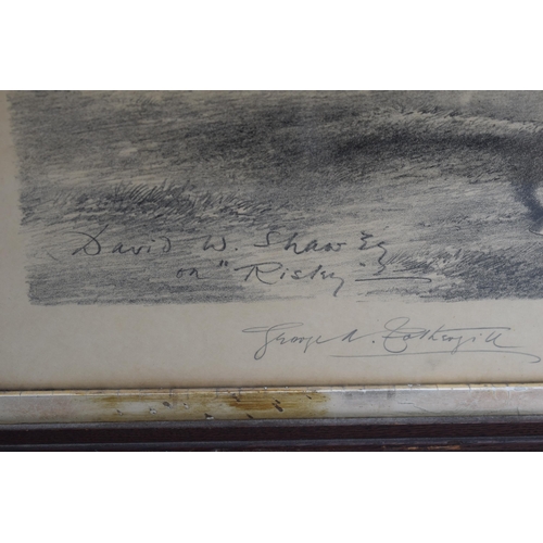 443 - 'David W Shaw on Risky' print 'Winner of Lord Eglington's Hunt Cup Royside 1906', 77x61cm inc frame.