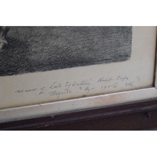 443 - 'David W Shaw on Risky' print 'Winner of Lord Eglington's Hunt Cup Royside 1906', 77x61cm inc frame.