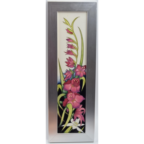 85B - Moorcroft framed plaque in the Gladiolus pattern, by Nicola Slaney, red dot mark, 46cm inc. frame.