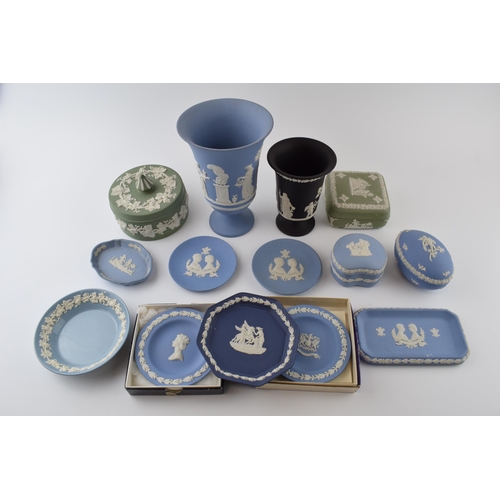 156 - Wedgwood Jasperware to include colours such as cobalt blue, green, black and blue to include vases, ... 