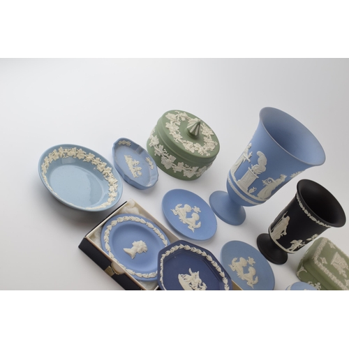 156 - Wedgwood Jasperware to include colours such as cobalt blue, green, black and blue to include vases, ... 