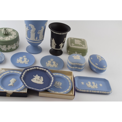 156 - Wedgwood Jasperware to include colours such as cobalt blue, green, black and blue to include vases, ... 