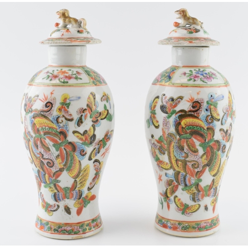 173 - Pair of Chinese 19th Century Canton Hand Painted Porcelain 23cm Vases with Foo Dog Finial (2).