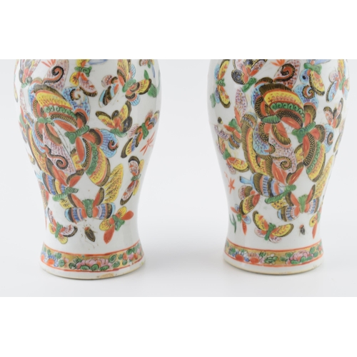 173 - Pair of Chinese 19th Century Canton Hand Painted Porcelain 23cm Vases with Foo Dog Finial (2).