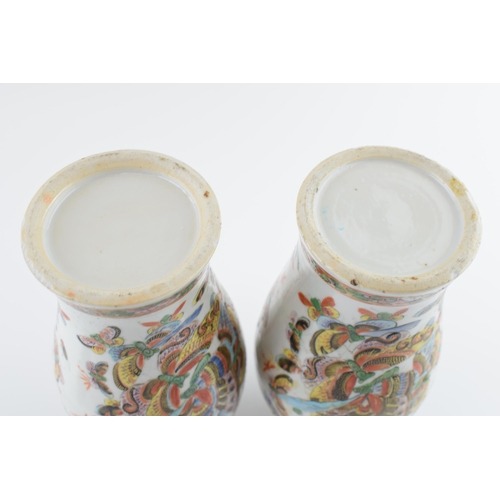 173 - Pair of Chinese 19th Century Canton Hand Painted Porcelain 23cm Vases with Foo Dog Finial (2).