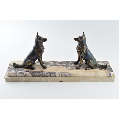 178 - French Art Deco spelter figures consisting of a pair of alsatians, mounted on a marble base, 46cm lo... 