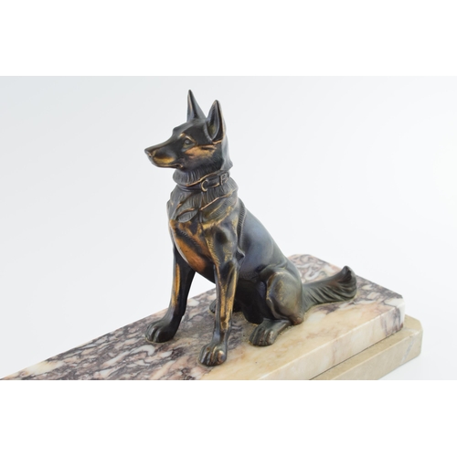 178 - French Art Deco spelter figures consisting of a pair of alsatians, mounted on a marble base, 46cm lo... 