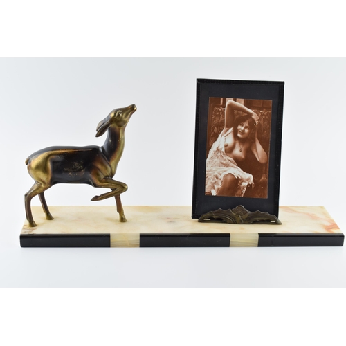 180 - French Art Deco spelter figure of a deer with a photo frame depicting semi erotic scenes, mounted on... 