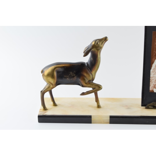 180 - French Art Deco spelter figure of a deer with a photo frame depicting semi erotic scenes, mounted on... 