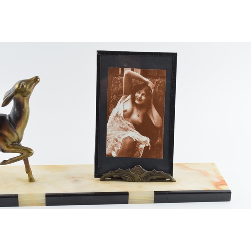 180 - French Art Deco spelter figure of a deer with a photo frame depicting semi erotic scenes, mounted on... 