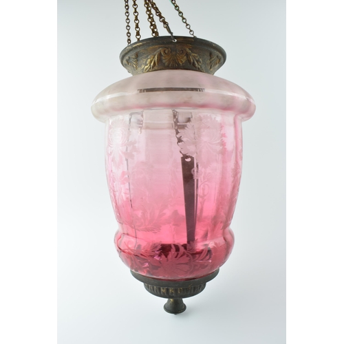 186 - Early 20th century cranberry glass porch light with etched decoration, 30.5cm tall exclude chains.