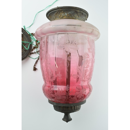 186 - Early 20th century cranberry glass porch light with etched decoration, 30.5cm tall exclude chains.