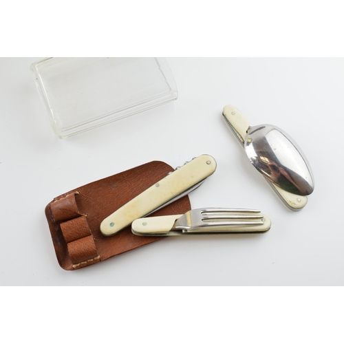 372 - Vintage folding campaign cutlery set with original cup, cutlery and case, 11cm tall.