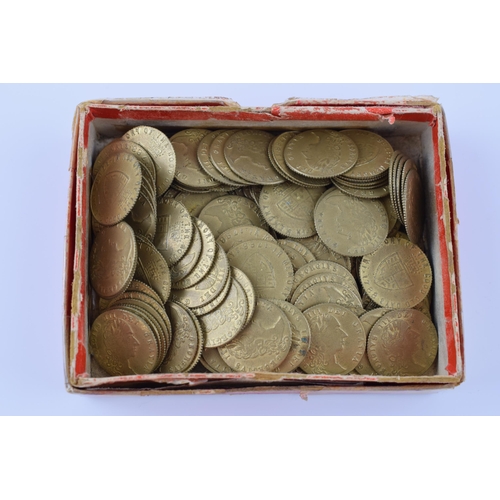 392 - Box of 145 brass spade half-guinea gaming counters. In original box.