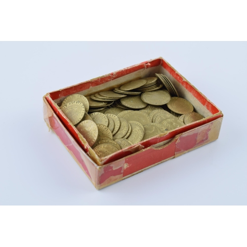 392 - Box of 145 brass spade half-guinea gaming counters. In original box.