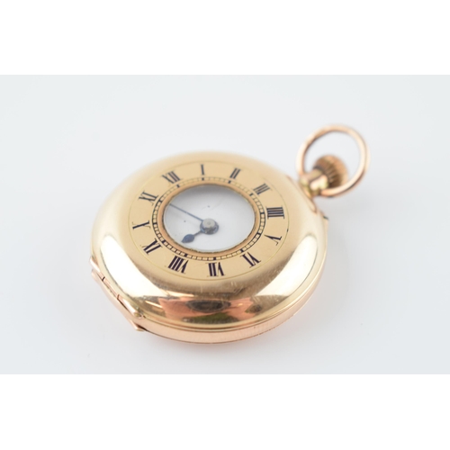 412 - 9ct gold ladies half hunter pocket watch with Arabic numerals, gross weight 21.7 grams.