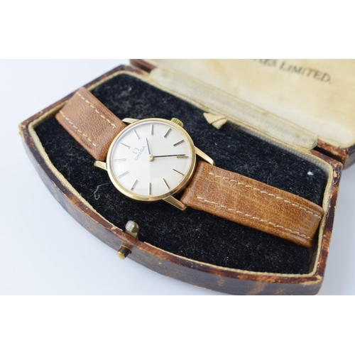 413 - Boxed Omega ladies wristwatch in 9ct gold case on leather strap with original Watches Limited box, i... 