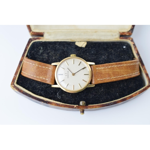 413 - Boxed Omega ladies wristwatch in 9ct gold case on leather strap with original Watches Limited box, i... 