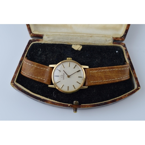 413 - Boxed Omega ladies wristwatch in 9ct gold case on leather strap with original Watches Limited box, i... 