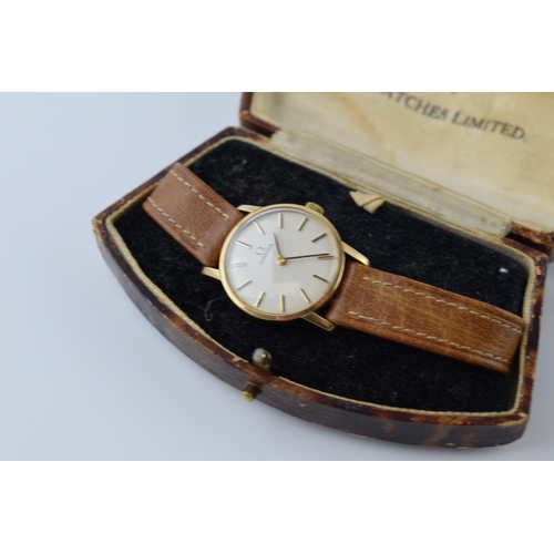 413 - Boxed Omega ladies wristwatch in 9ct gold case on leather strap with original Watches Limited box, i... 