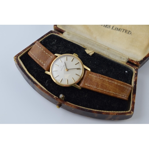 413 - Boxed Omega ladies wristwatch in 9ct gold case on leather strap with original Watches Limited box, i... 