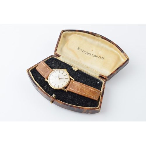 413 - Boxed Omega ladies wristwatch in 9ct gold case on leather strap with original Watches Limited box, i... 