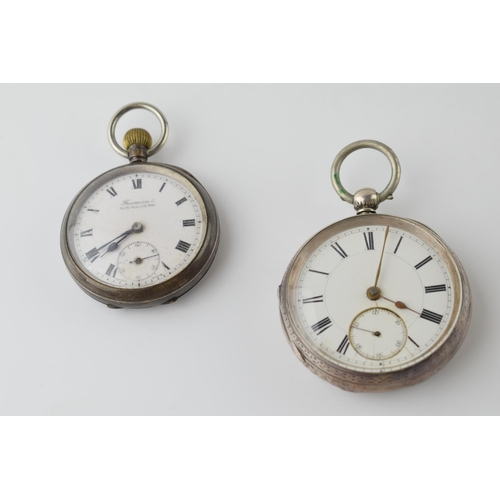 416 - A pair of sterling silver pocket watches to include a 5cm diameter example, London 1887, and a Freem... 