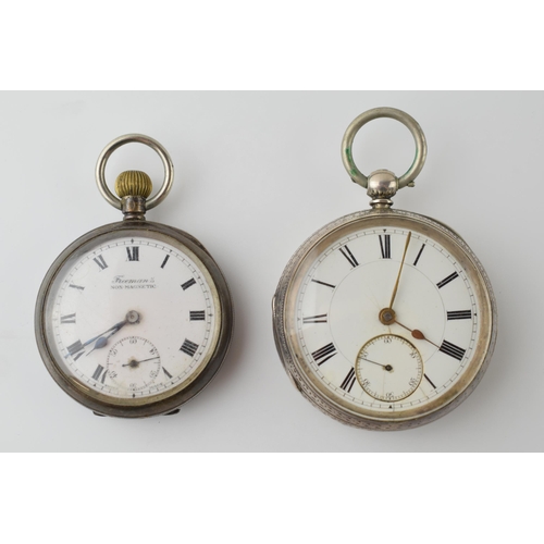 416 - A pair of sterling silver pocket watches to include a 5cm diameter example, London 1887, and a Freem... 