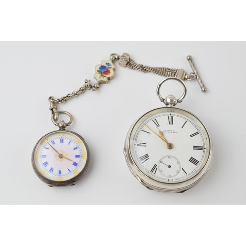 428 - A silver Waltham pocket watch with gold coloured hands with a ladies sterling silver pocket watch wi... 