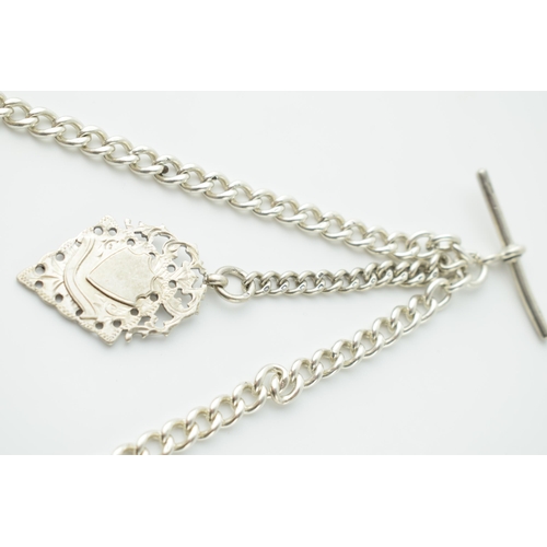 434 - Hallmarked silver double Albert pocket watch chain with T-bar and fob, 60.0 grams, 43cm long.