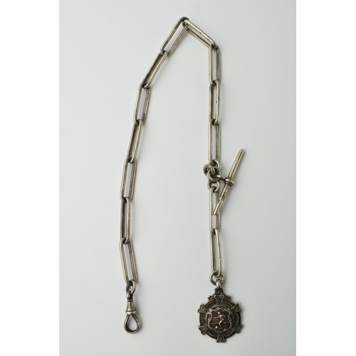 436 - Hallmarked silver Albert pocket watch chain with T-bar and fob, 44.4 grams, 38cm long.