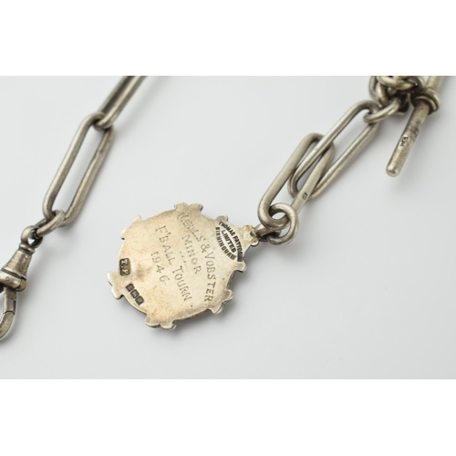 436 - Hallmarked silver Albert pocket watch chain with T-bar and fob, 44.4 grams, 38cm long.