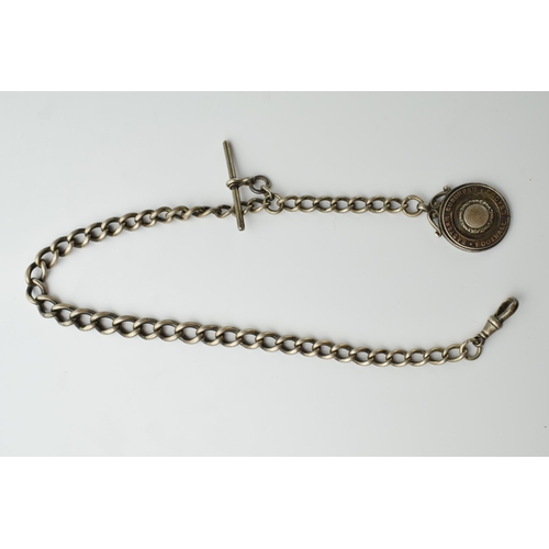 437 - Hallmarked silver Albert pocket watch chain with T-bar and fob, 57.4 grams, 40cm long.