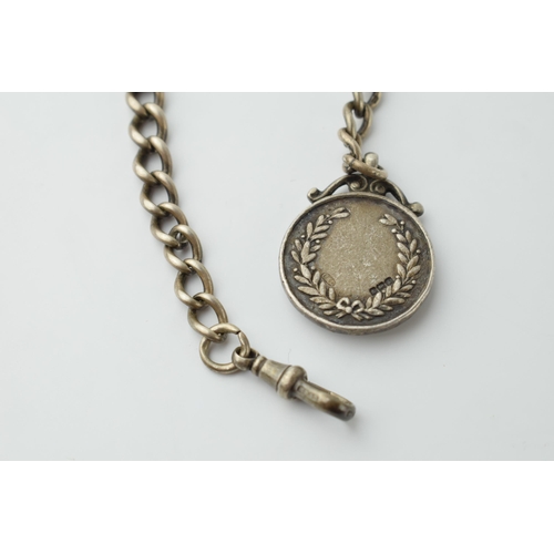 437 - Hallmarked silver Albert pocket watch chain with T-bar and fob, 57.4 grams, 40cm long.