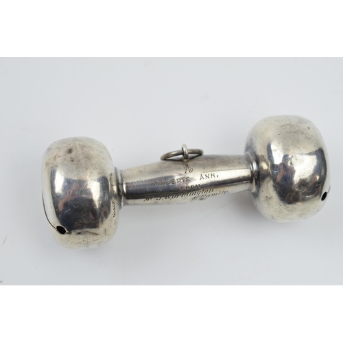 441 - Silver baby rattle in the form of a dumbbell, 28.2 grams, 8.5cm long.