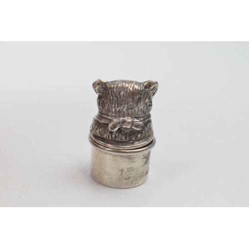 442 - Miniature silver pill box in the form of a teddy bear, 19.1 grams, Birmingham 1995, 3.5cm tall.