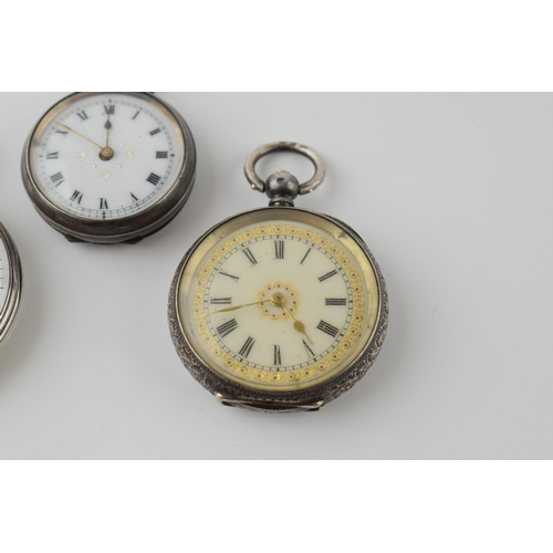 468 - A trio of silver ladies pocket / fob watches to include a 0.935 example with gold coloured hands and... 